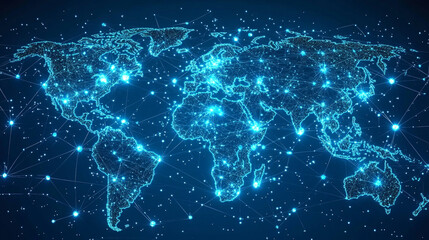 global digital network map glowing with connections, illustrating the interconnectedness of modern technology and the vast, intricate web of digital communication