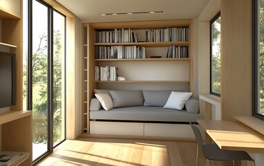 Compact Living Space with Sofa Bed, Built-In Shelving, and Foldable Dining Table