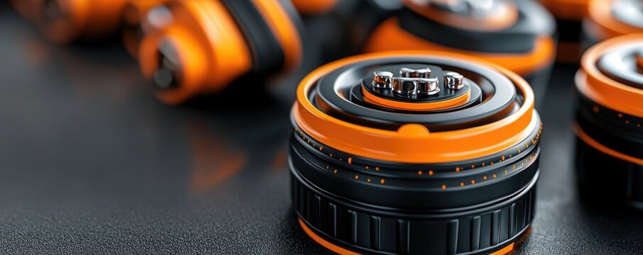 Close-up of modern camera lenses with vibrant orange detailing, ideal for photography enthusiasts and gear promotional content.