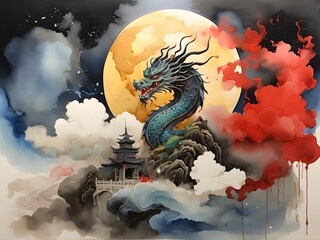 majestic dragon on top of mountain, with a large, glowing moon in the background. Generative AI.