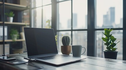 Fototapeta premium Modern Office Desk Setup with Laptop, Coffee Mug, and Cactus Plant in Urban Workspace