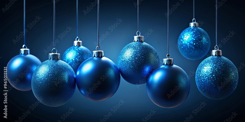 Wall mural Blue Christmas balls hanging on a string against a dark blue background