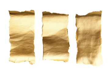 Realistic torn pieces of gold foil with rough edges, isolated element set on transparent for design and illustration