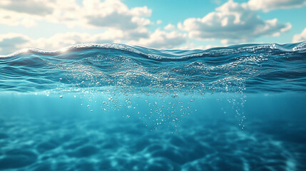 pristine blue sea with half submerged underwater, showcasing a tranquil balance between the clear sky above and the aquatic world below