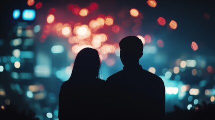 Silhouette of couple looking at fireworks. Fireworks background