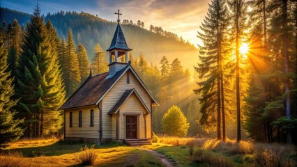 Fototapeta premium Golden Hour at a Secluded Forest Church A Serene Sanctuary Eye Level, trees, peaceful, secluded, nature, religious, sunlight, beams, spirituality,golden hour, tranquility, summer