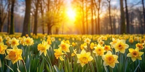 Fototapeta premium Field of yellow daffodils with sunlight filtering through trees in background