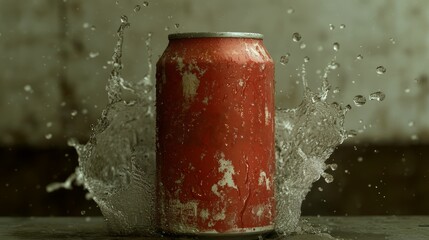 A vintage-inspired soda can with a classic label design and a retro feel. The can is captured in a close-up shot, with a splash of the drink cascading around it, creating a sense of nostalgia. The