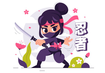 Translation : Ninja Vector Illustration featuring a Ninja Shinobi Character from Japan in a Flat Cute Style Cartoon Background