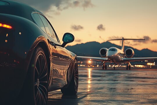 Elite Business Class Experience, Luxury Car Parked Beside Private Jet on Runway