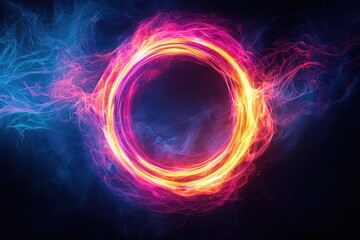 Illuminated Futuristic Neon Light Ring with Dynamic Light Trails on Dark Background