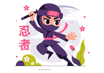 Translation : Ninja Vector Illustration featuring a Ninja Shinobi Character from Japan in a Flat Cute Style Cartoon Background