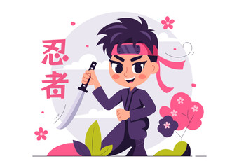 Translation : Ninja Vector Illustration featuring a Ninja Shinobi Character from Japan in a Flat Cute Style Cartoon Background