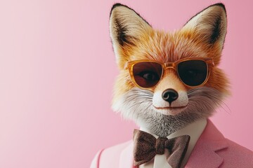 Obraz premium Modern and Stylish Fox, Surreal Animal Face in Sunglasses and Suit, Pastel Studio Background