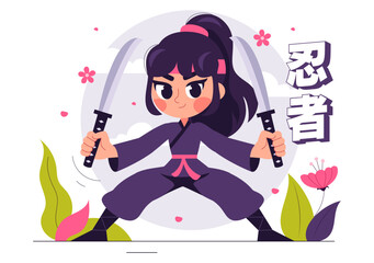 Translation : Ninja Vector Illustration featuring a Ninja Shinobi Character from Japan in a Flat Cute Style Cartoon Background