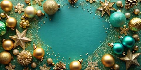 Gold and teal festive background with premium Christmas decorations