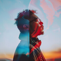 Double exposure portrait of a Gen Z man with a vibrant, colorful backdrop at sunset