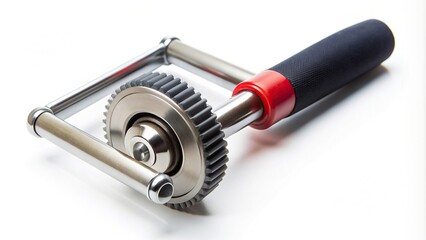 A detailed description for the stock photo A close up view of a situp roller tool for an intense workout session placed on a white background captured from an aerial perspective