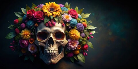 A skull adorned with colorful flowers and leaves on a dark background