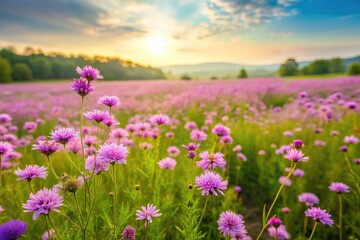 Obraz premium pastel green, vegetation, vibrant, nature, serene, blooming, peaceful, A wide angle stock photo of soft purple wildflowers blooming in a pastel green field surrounded by lush vegetation
