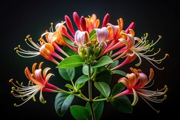 Fototapeta premium Blooming decorative honeysuckle flowers brightly stand out against a dark black background creating a visually striking and symmetrical composition, black background, fragrant