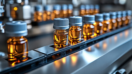 pharmaceutical vials filled with liquid, highlighting precision and meticulous organization in a clinical setting, symbolizing healthcare and scientific accuracy