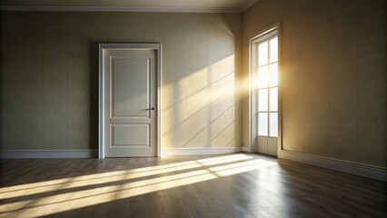 Obraz premium A room with a door and window, with sunlight streaming in, casting shadows on the floor