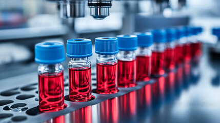 pharmaceutical vials filled with liquid, highlighting precision and meticulous organization in a clinical setting, symbolizing healthcare and scientific accuracy