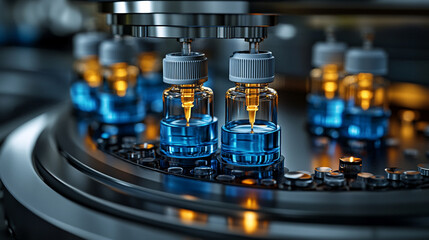 pharmaceutical vials filled with liquid, highlighting precision and meticulous organization in a clinical setting, symbolizing healthcare and scientific accuracy