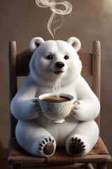 smiling polar bear sitting in a wooden high chair, holding a cup of coffee. Generative AI.