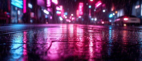 Vibrant city street at night with colorful neon lights reflecting on wet pavement, creating a dynamic urban atmosphere.