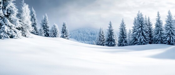 Fototapeta premium Scenic winter landscape features snow-covered hills and evergreen trees under a moody sky, creating a tranquil nature scene.