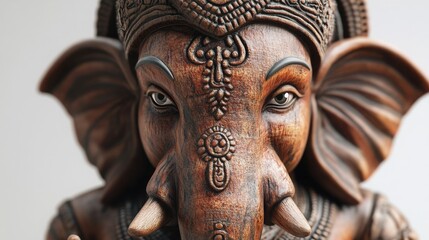 A highly detailed 3D close-up of Lord Ganesha's face, with a peaceful expression, emphasizing the lifelike textures of his skin and the subtle play of light on his sacred symbols