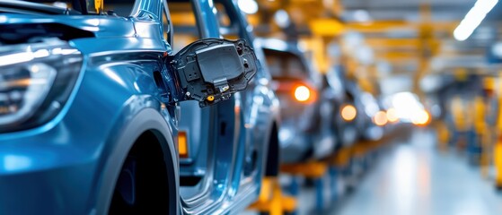 Fototapeta premium Close-up of modern car assembly line showcasing production efficiency in a sleek factory environment with vibrant lighting.