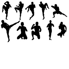 Set of muay thai fighter silhouette illustration. Traditional muay thai pose full body.