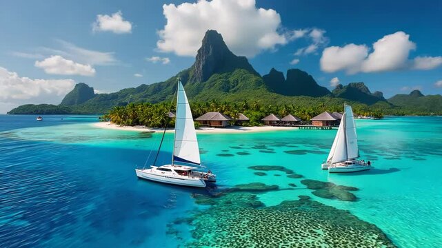 Turquoise lagoon surrounds lush volcanic island. White-sailed catamarans float on crystal-clear waters. Coral reefs and overwater bungalows dot shoreline. 