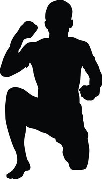 recommend clip art: Muay thai fighter silhouette illustration. Traditional muay thai pose full body.