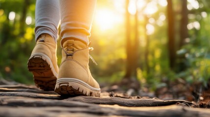 A person walks on a rocky path in the forest during sunset, showcasing outdoor adventure and tranquility in nature.
