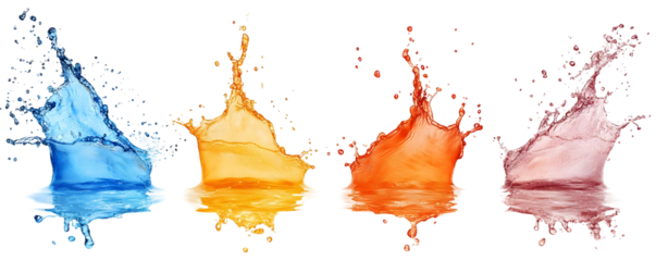 Colorful liquid splashes with reflections on a transparent background