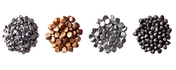 Four piles of different metal nuggets of copper, silver, tin and lead on white isolated background.