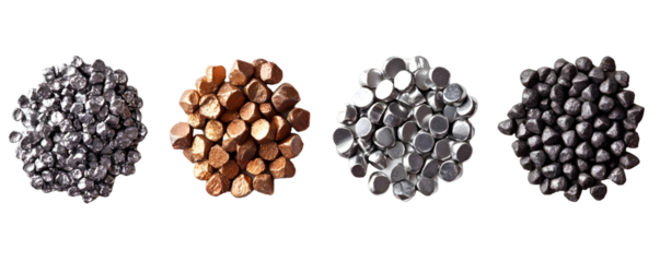 Four piles of different metal nuggets of copper, silver, tin and lead on white isolated background.