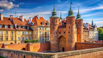 Obraz premium defensive wall, fortification, defensive structure, urban, keep, stone, fortified tower, Fortified medieval outpost known as the Warsaw barbican captured in an extreme close up shot