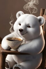 smiling polar bear sitting in a wooden high chair, holding a cup of coffee. Generative AI.