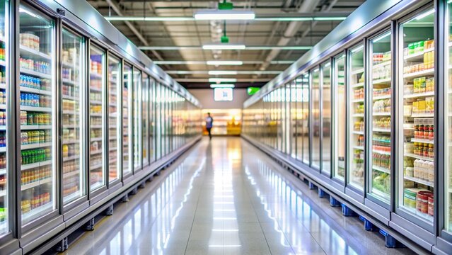 An empty supermarket aisle with refrigerators in focus and a shallow depth of field creating a blurred background, blurred background, food, different, products, neat, cool, store