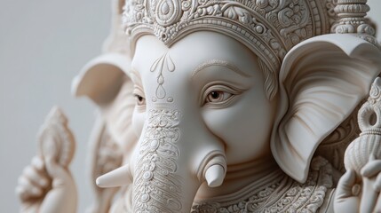 A lifelike 3D close-up of Lord Ganesha's face, with a slight, knowing smile, focusing on the intricate details of his trunk, the deepness of his gaze, and the finely crafted elements of his crown