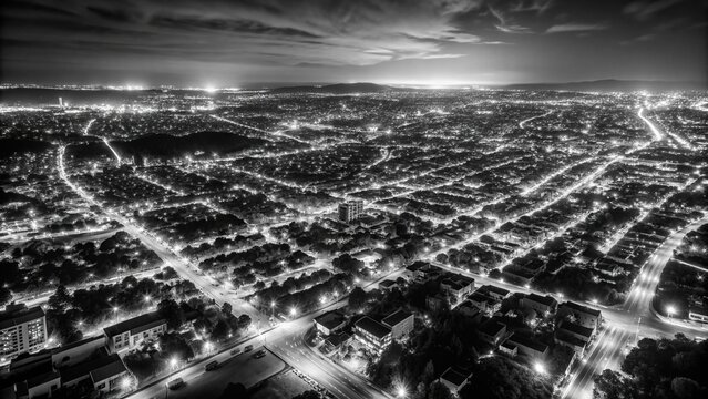 Fototapeta blackout scene, blackout effect, urban, short circuit, power outage, city, A black and white aerial view of a city at night during a power outage with only scattered lights visible