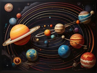 illustration of a solar system with multiple planets of various sizes and colors orbiting around a central star. Generative AI.