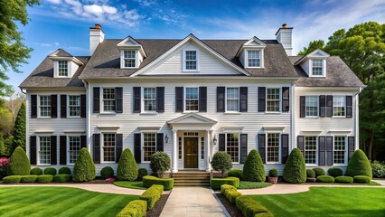 yle house located in an upscale neighborhood The house features a symmetrical facade with a grand entrance white painted exterior multi pane windows and a large front yard with manicured landscaping