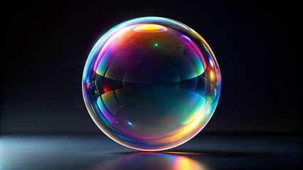 Glass bubble with holographic effect floating in a dark space