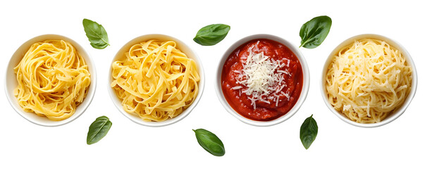 Four Bowls of Plain Cooked Pasta, Pasta with Tomato Sauce, and Pasta with Cheese on a transparent background.